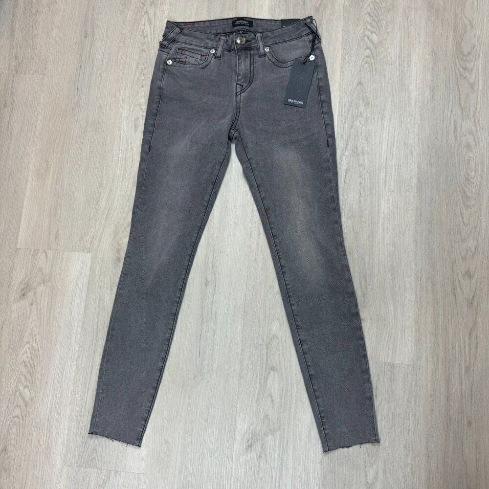 True Religion Jennie Curvy Mid Rise Skinny Jeans Womens 26 Grey Wash Raw Hem
